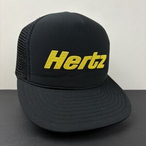 Vintage 90s Hertz Car Rental Black Mesh Foam Trucker Snapback Hat Cap Adjustable